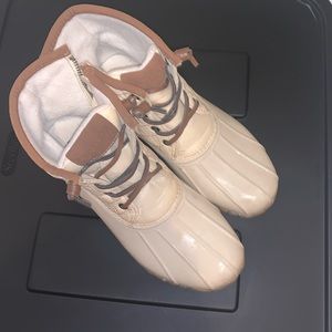 Cream colored nautical rain and snow boots